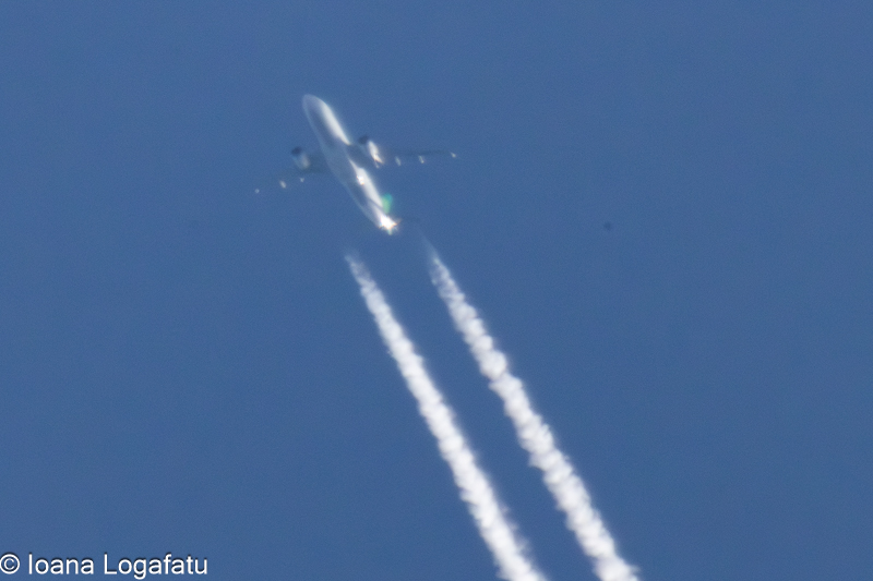 Jet soaring through the clear blue sky above